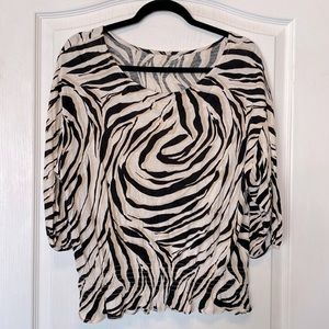 Ann Taylor Zebra Animal Print Dolman 3/4 Sleeve Shirred Waist Rayon Scoop Neck